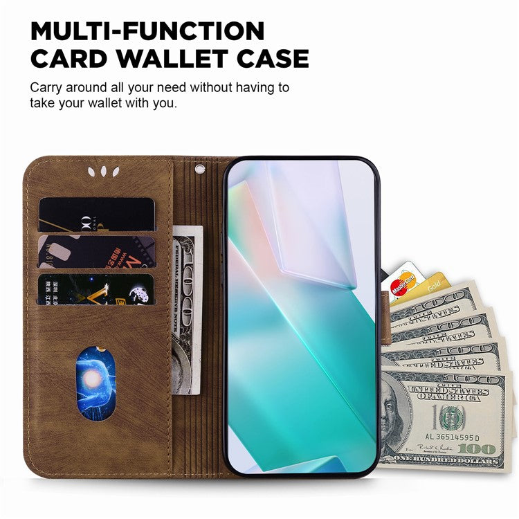 Cute Tiger Imprint Phone Case for iPhone 14 Leather Wallet Stand Anti-drop Cover - Brown