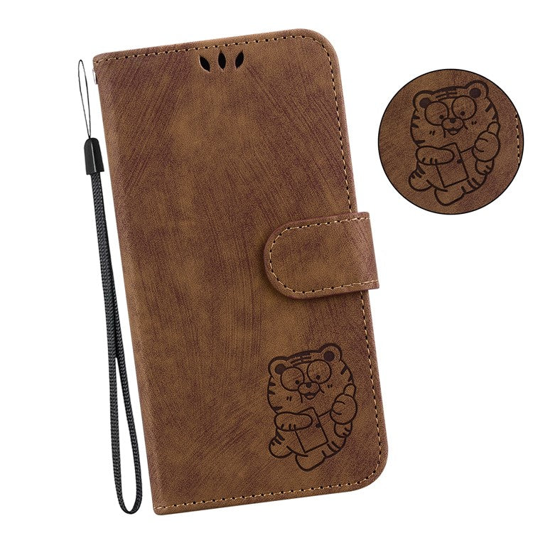 Cute Tiger Imprint Phone Case for iPhone 14 Leather Wallet Stand Anti-drop Cover - Brown