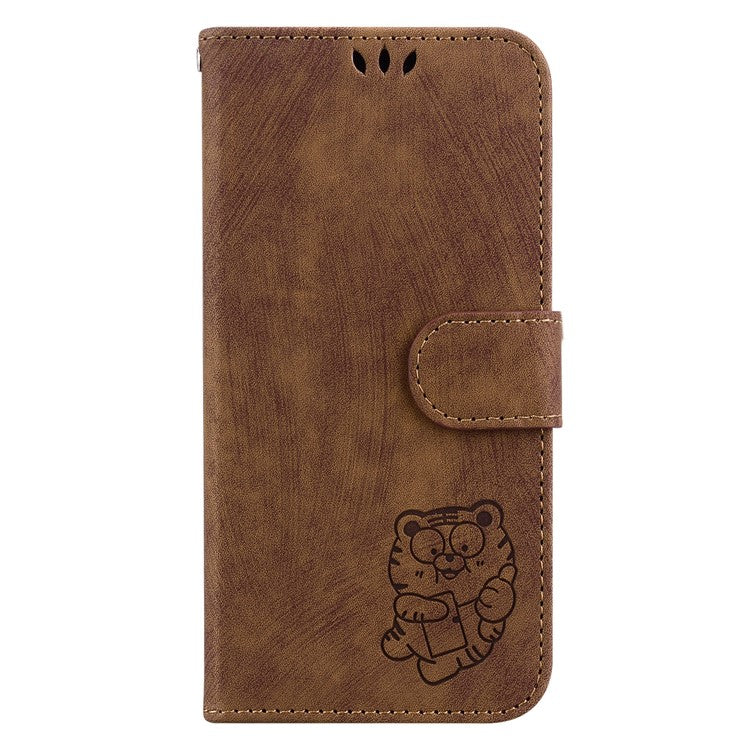Cute Tiger Imprint Phone Case for iPhone 14 Leather Wallet Stand Anti-drop Cover - Brown