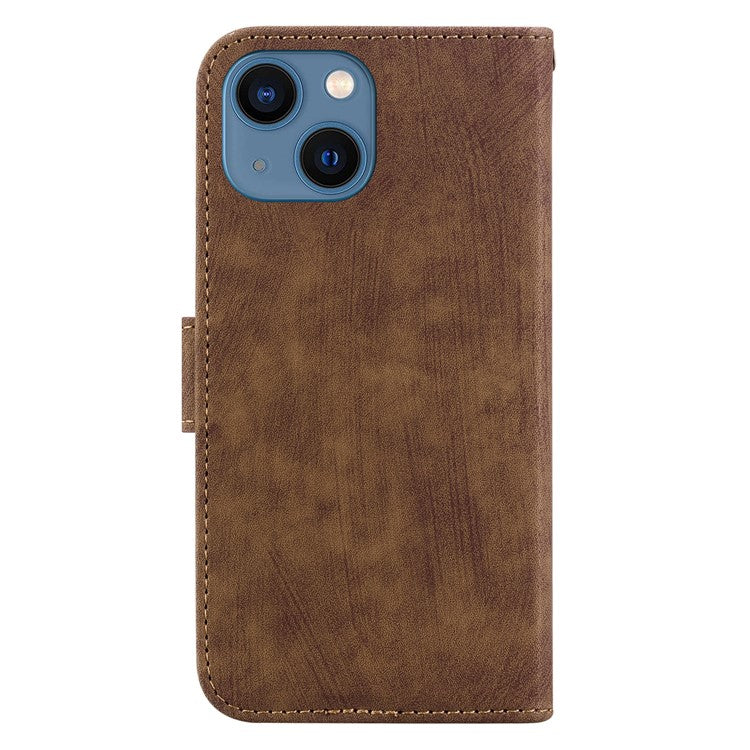Cute Tiger Imprint Phone Case for iPhone 14 Leather Wallet Stand Anti-drop Cover - Brown