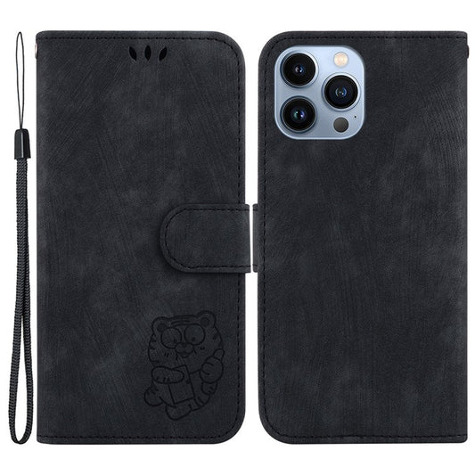 Cartoon Tiger Imprint Cover for iPhone 14 Pro Leather Wallet Stand Anti-scratch Phone Case - Black