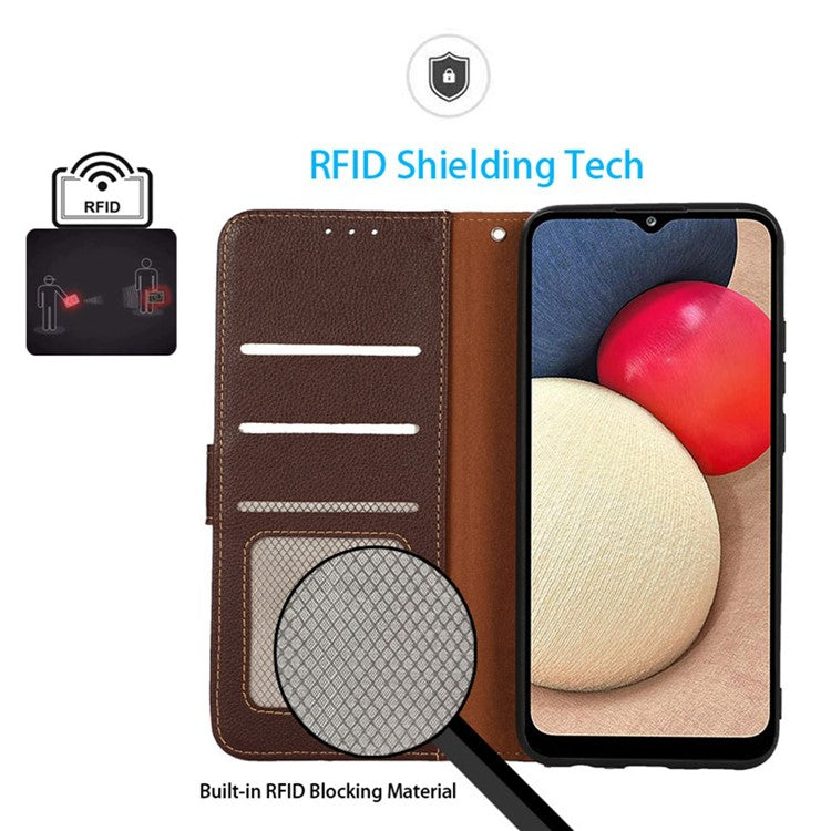 KHAZNEH For Huawei nova Y91 4G / Enjoy 60X RFID Blocking Phone Leather Case Litchi Texture Wallet Stand Phone Cover - Brown