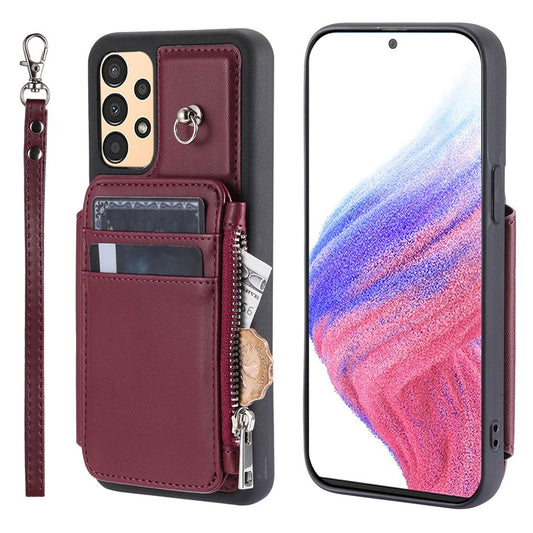009 Shockproof Phone Case for Samsung Galaxy A53 5G , RFID Blocking PU+TPU Cover Kickstand Zipper Wallet Shell with Strap - Wine Red