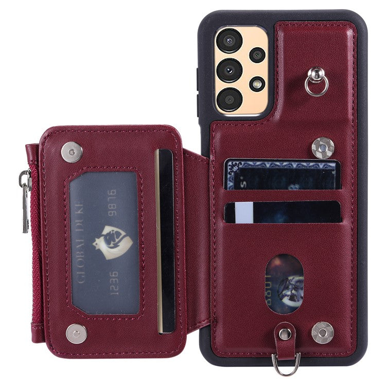 009 Shockproof Phone Case for Samsung Galaxy A53 5G , RFID Blocking PU+TPU Cover Kickstand Zipper Wallet Shell with Strap - Wine Red