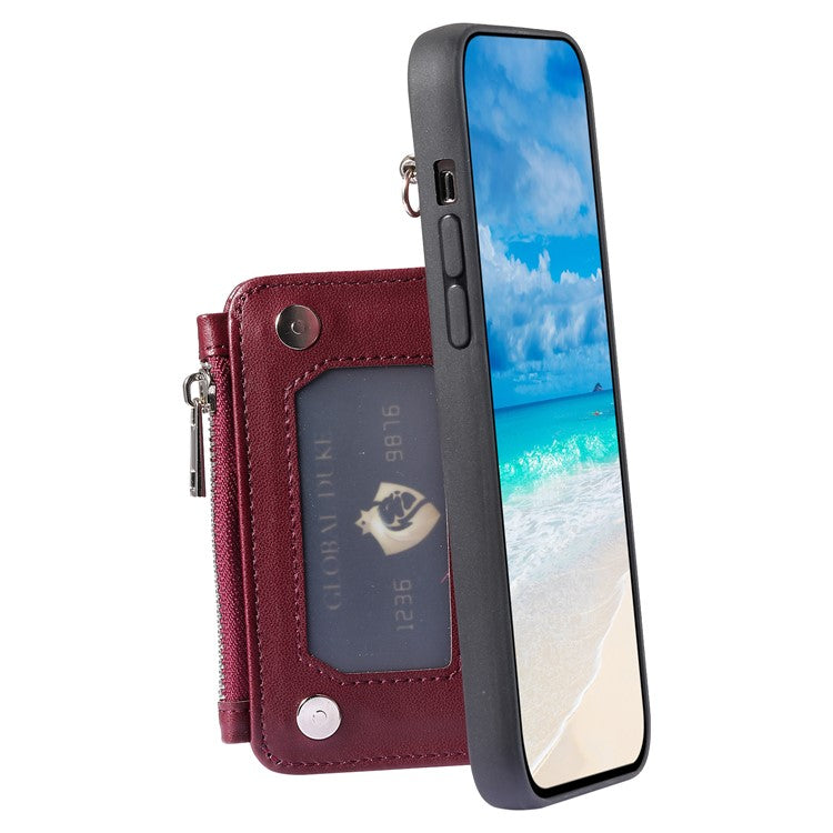 009 Shockproof Phone Case for Samsung Galaxy A53 5G , RFID Blocking PU+TPU Cover Kickstand Zipper Wallet Shell with Strap - Wine Red