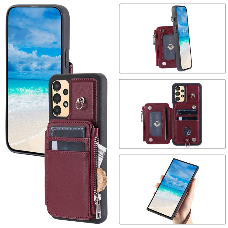 009 Shockproof Phone Case for Samsung Galaxy A53 5G , RFID Blocking PU+TPU Cover Kickstand Zipper Wallet Shell with Strap - Wine Red