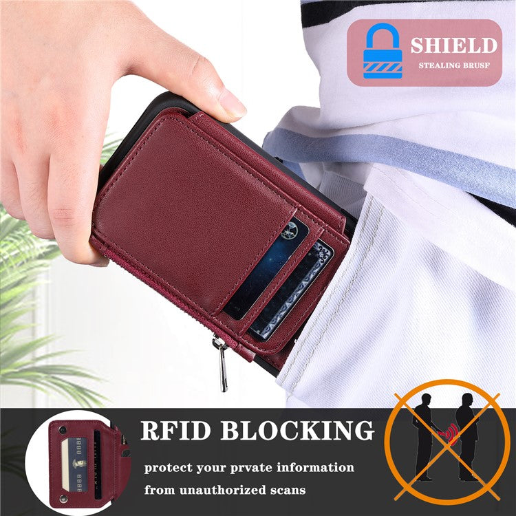 009 Shockproof Phone Case for Samsung Galaxy A53 5G , RFID Blocking PU+TPU Cover Kickstand Zipper Wallet Shell with Strap - Wine Red