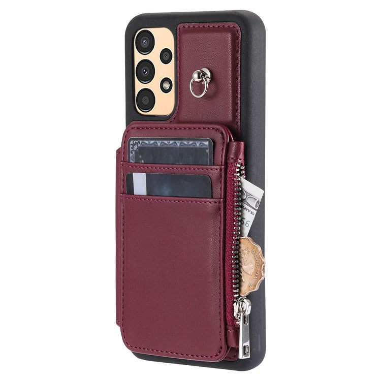 009 Shockproof Phone Case for Samsung Galaxy A53 5G , RFID Blocking PU+TPU Cover Kickstand Zipper Wallet Shell with Strap - Wine Red