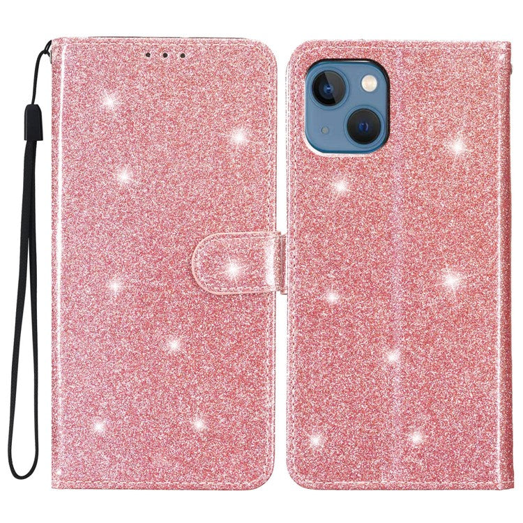 Full Protection Phone Cover for iPhone 14 Glittery PU Leather Wallet Stand Case - Rose Gold
