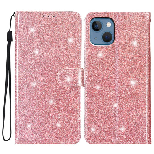 Full Protection Phone Cover for iPhone 14 Glittery PU Leather Wallet Stand Case - Rose Gold