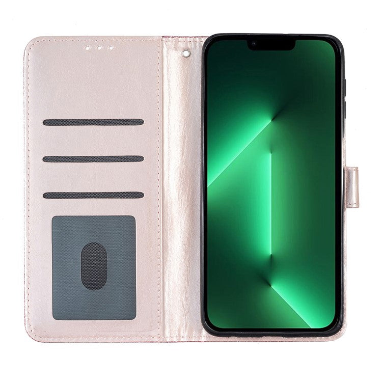Full Protection Phone Cover for iPhone 14 Glittery PU Leather Wallet Stand Case - Rose Gold