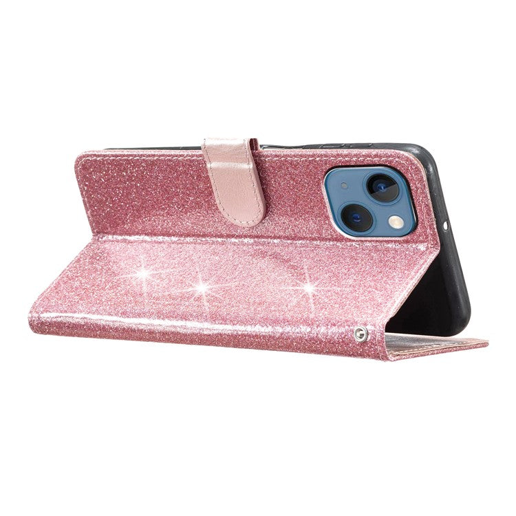 Full Protection Phone Cover for iPhone 14 Glittery PU Leather Wallet Stand Case - Rose Gold