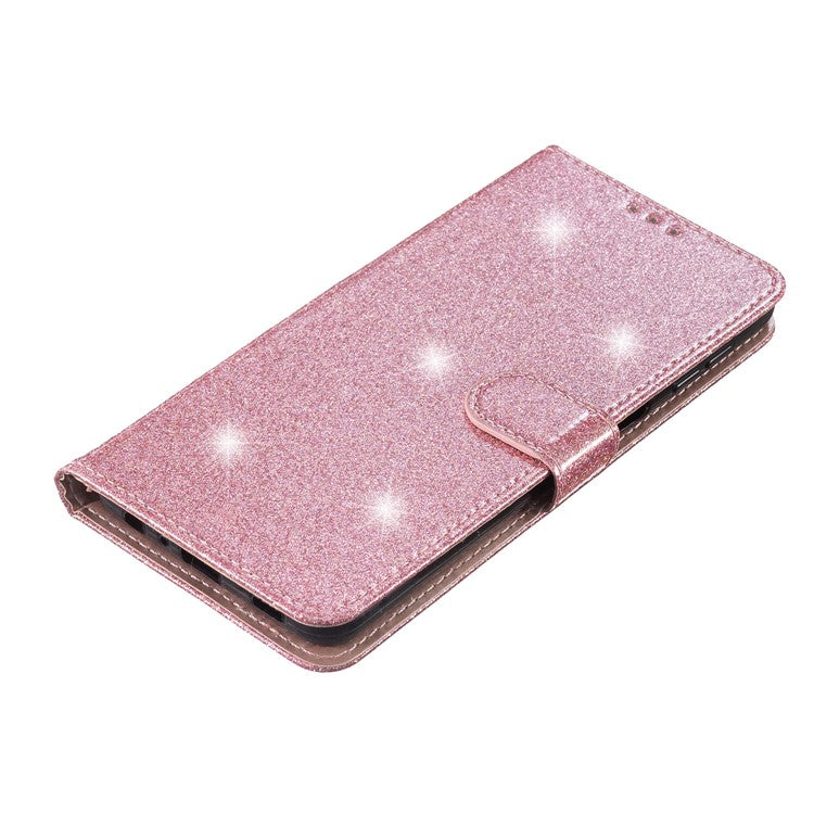 Full Protection Phone Cover for iPhone 14 Glittery PU Leather Wallet Stand Case - Rose Gold