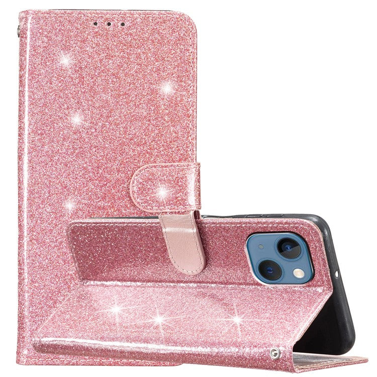 Full Protection Phone Cover for iPhone 14 Glittery PU Leather Wallet Stand Case - Rose Gold