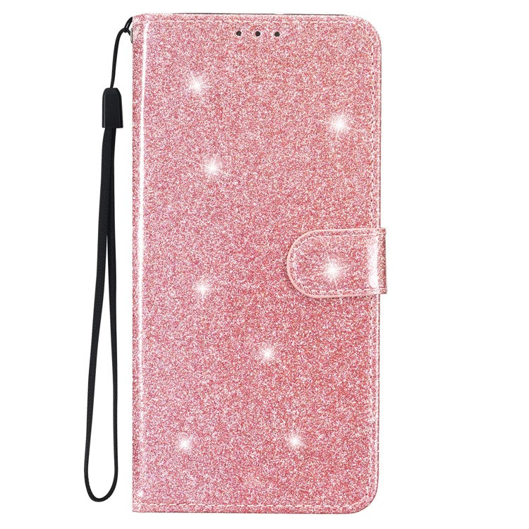 Full Protection Phone Cover for iPhone 14 Glittery PU Leather Wallet Stand Case - Rose Gold