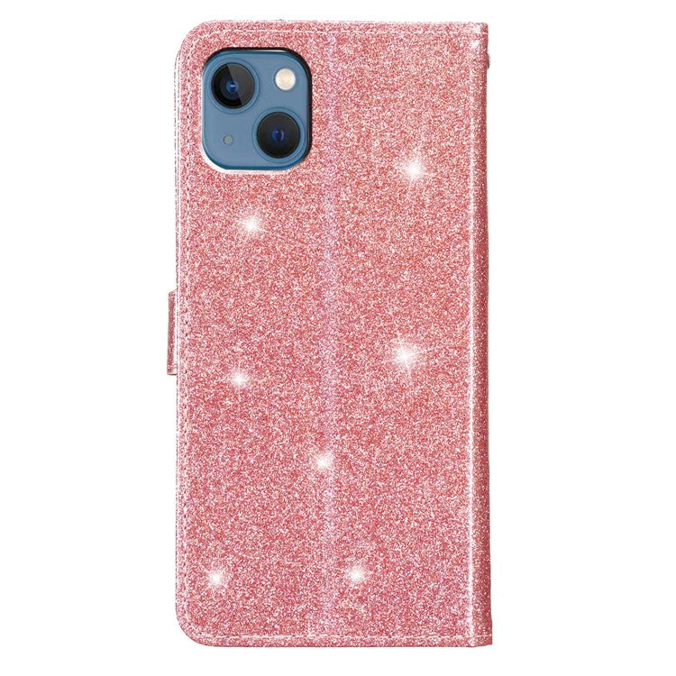 Full Protection Phone Cover for iPhone 14 Glittery PU Leather Wallet Stand Case - Rose Gold