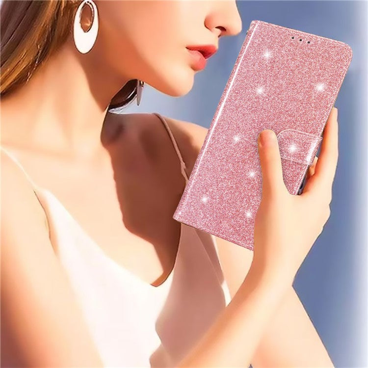 Full Protection Phone Cover for iPhone 14 Glittery PU Leather Wallet Stand Case - Rose Gold