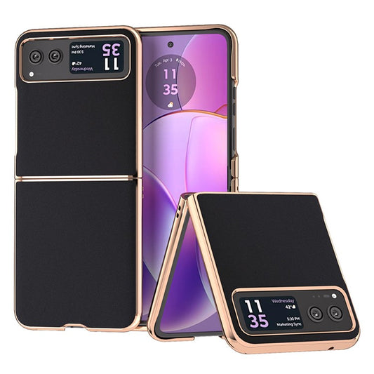 For Motorola Razr 40 5G Silky Shockproof Cover Genuine Cow Leather + PC Electroplating Phone Case - Black