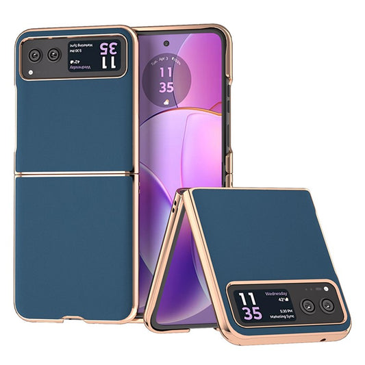For Motorola Razr 40 5G Silky Shockproof Cover Genuine Cow Leather + PC Electroplating Phone Case - Blue