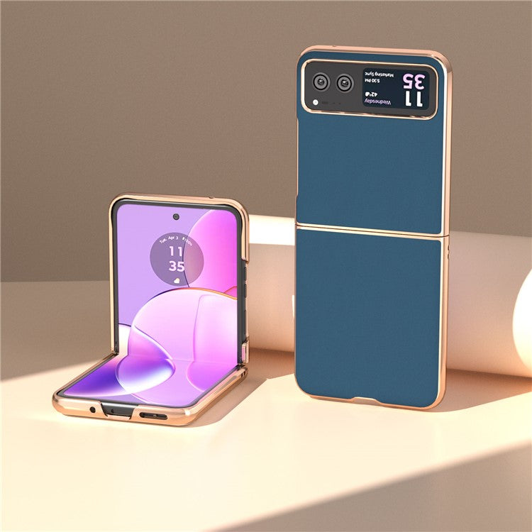 For Motorola Razr 40 5G Silky Shockproof Cover Genuine Cow Leather + PC Electroplating Phone Case - Blue