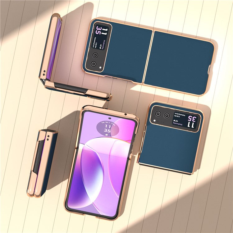 For Motorola Razr 40 5G Silky Shockproof Cover Genuine Cow Leather + PC Electroplating Phone Case - Blue