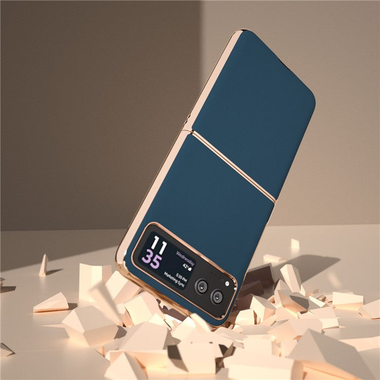 For Motorola Razr 40 5G Silky Shockproof Cover Genuine Cow Leather + PC Electroplating Phone Case - Blue