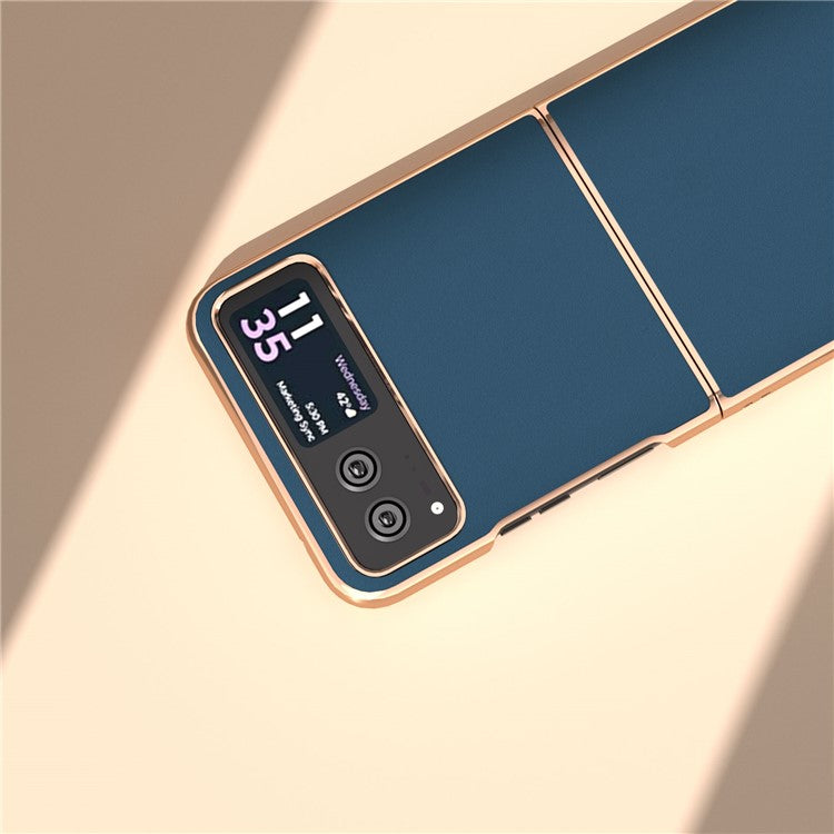 For Motorola Razr 40 5G Silky Shockproof Cover Genuine Cow Leather + PC Electroplating Phone Case - Blue