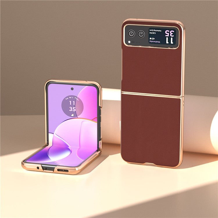 For Motorola Razr 40 5G Silky Shockproof Cover Genuine Cow Leather + PC Electroplating Phone Case - Coffee