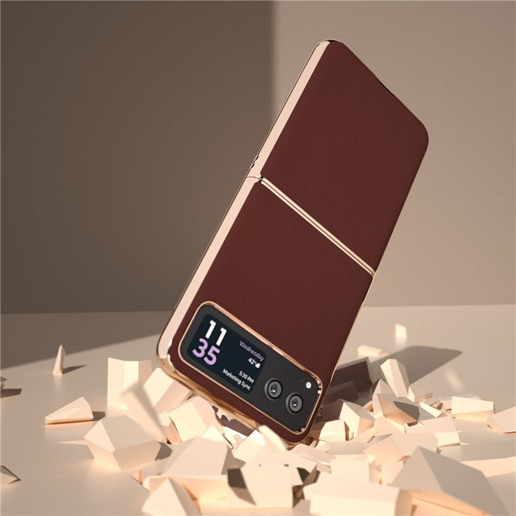 For Motorola Razr 40 5G Silky Shockproof Cover Genuine Cow Leather + PC Electroplating Phone Case - Coffee