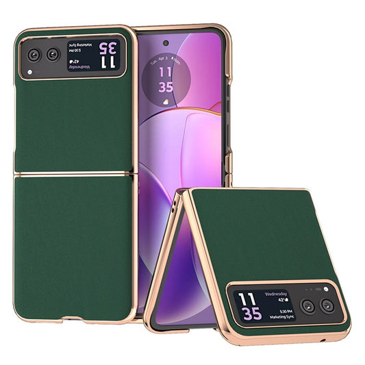 For Motorola Razr 40 5G Silky Shockproof Cover Genuine Cow Leather + PC Electroplating Phone Case - Green