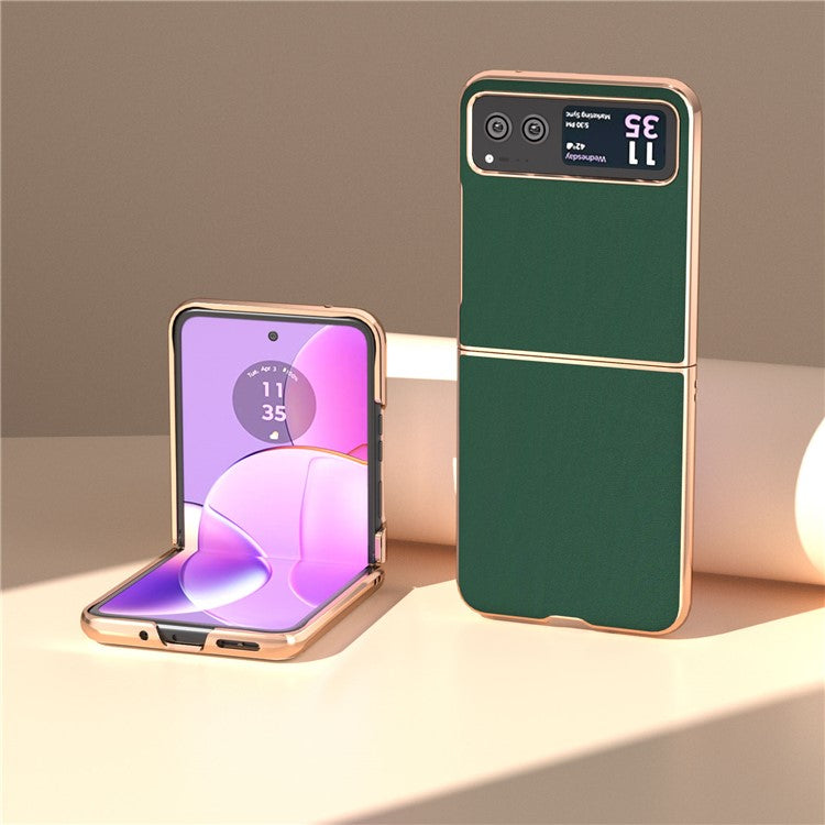 For Motorola Razr 40 5G Silky Shockproof Cover Genuine Cow Leather + PC Electroplating Phone Case - Green