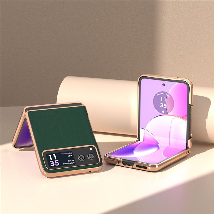 For Motorola Razr 40 5G Silky Shockproof Cover Genuine Cow Leather + PC Electroplating Phone Case - Green