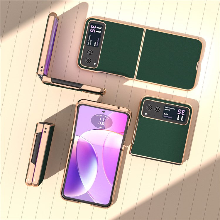 For Motorola Razr 40 5G Silky Shockproof Cover Genuine Cow Leather + PC Electroplating Phone Case - Green