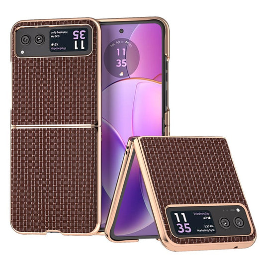 For Motorola Razr 40 5G Genuine Cow Leather + PC Textured Case Electroplating Shockproof Phone Cover - Coffee