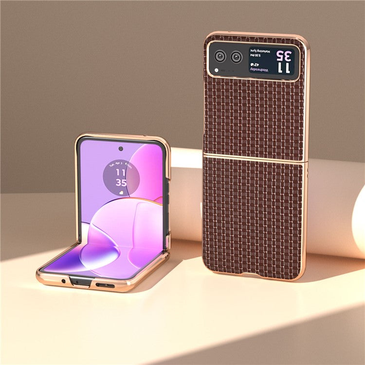 For Motorola Razr 40 5G Genuine Cow Leather + PC Textured Case Electroplating Shockproof Phone Cover - Coffee