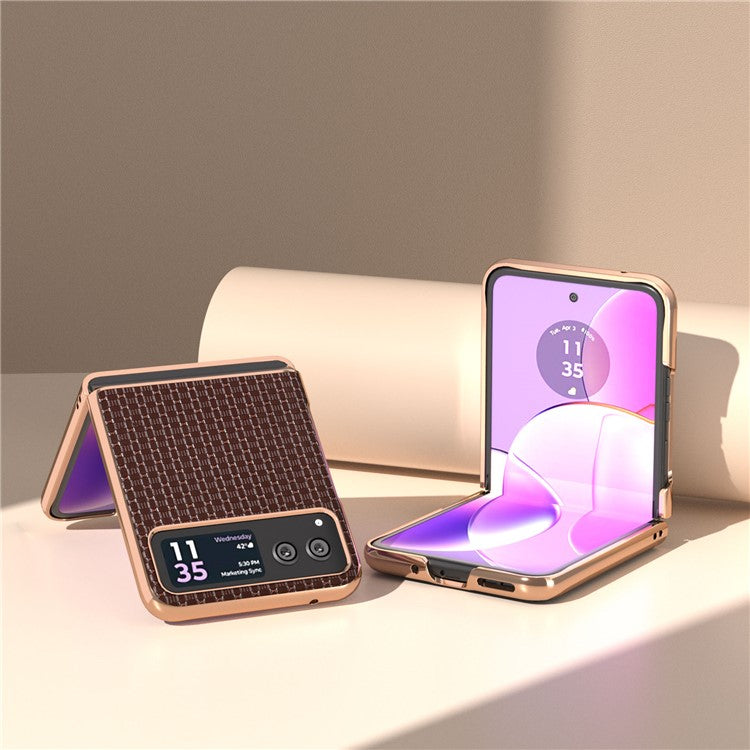For Motorola Razr 40 5G Genuine Cow Leather + PC Textured Case Electroplating Shockproof Phone Cover - Coffee