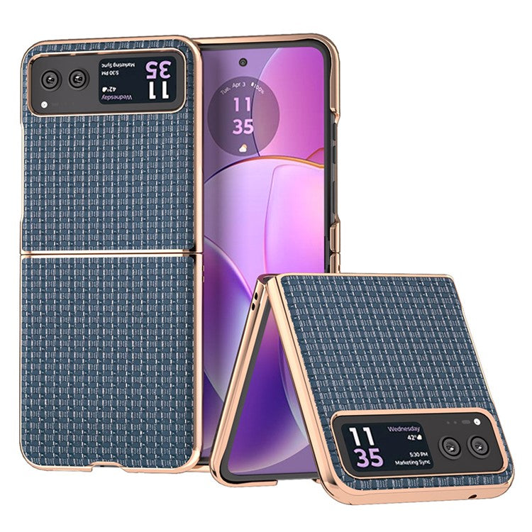 For Motorola Razr 40 5G Genuine Cow Leather + PC Textured Case Electroplating Shockproof Phone Cover - Blue