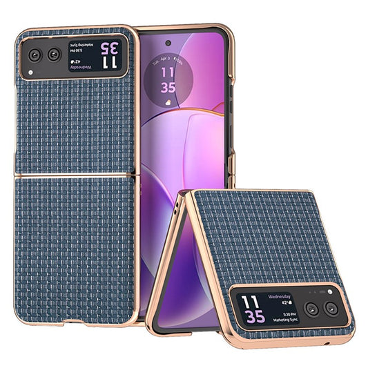 For Motorola Razr 40 5G Genuine Cow Leather + PC Textured Case Electroplating Shockproof Phone Cover - Blue