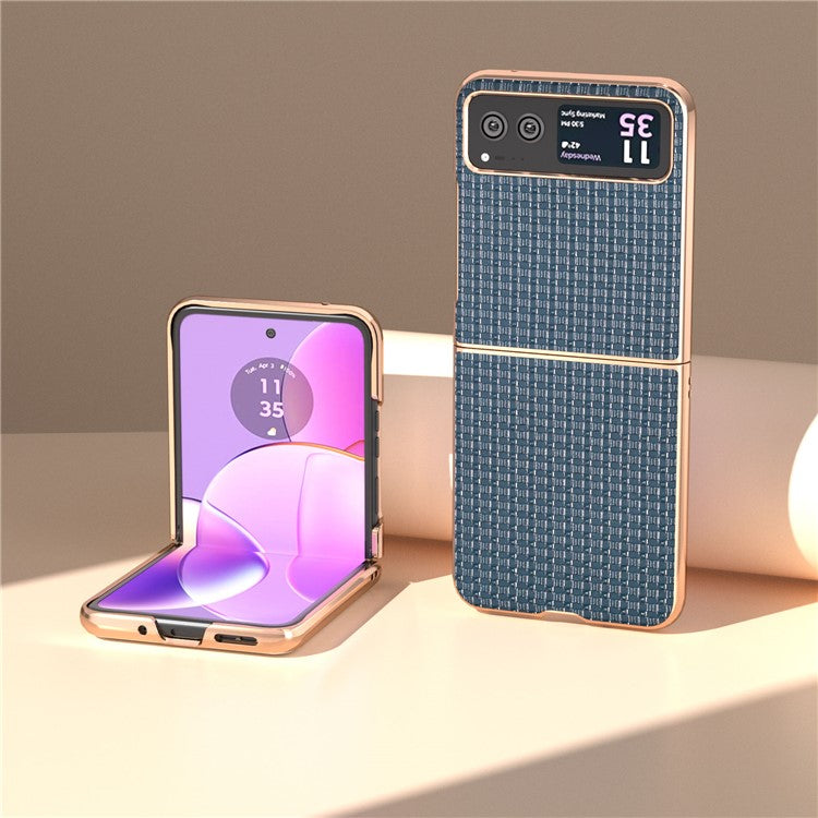 For Motorola Razr 40 5G Genuine Cow Leather + PC Textured Case Electroplating Shockproof Phone Cover - Blue