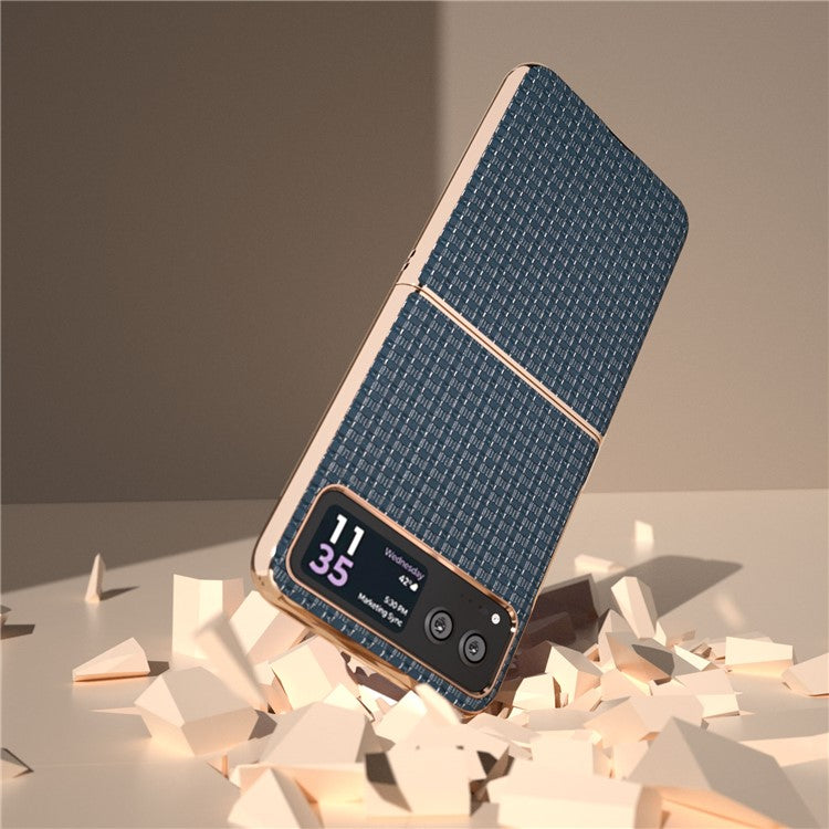 For Motorola Razr 40 5G Genuine Cow Leather + PC Textured Case Electroplating Shockproof Phone Cover - Blue