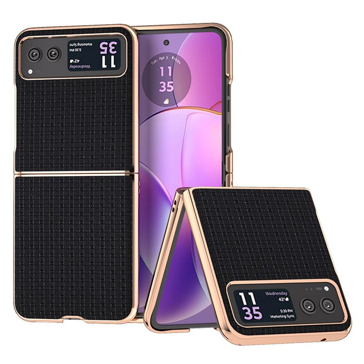 For Motorola Razr 40 5G Genuine Cow Leather + PC Textured Case Electroplating Shockproof Phone Cover - Black