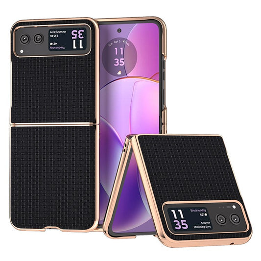 For Motorola Razr 40 5G Genuine Cow Leather + PC Textured Case Electroplating Shockproof Phone Cover - Black