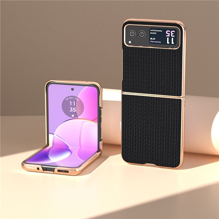 For Motorola Razr 40 5G Genuine Cow Leather + PC Textured Case Electroplating Shockproof Phone Cover - Black