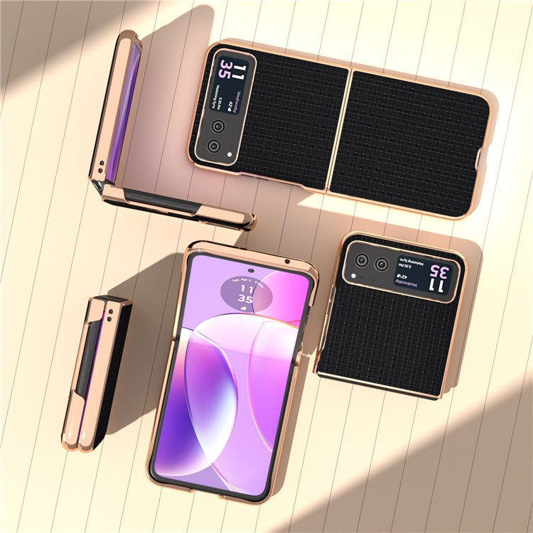 For Motorola Razr 40 5G Genuine Cow Leather + PC Textured Case Electroplating Shockproof Phone Cover - Black
