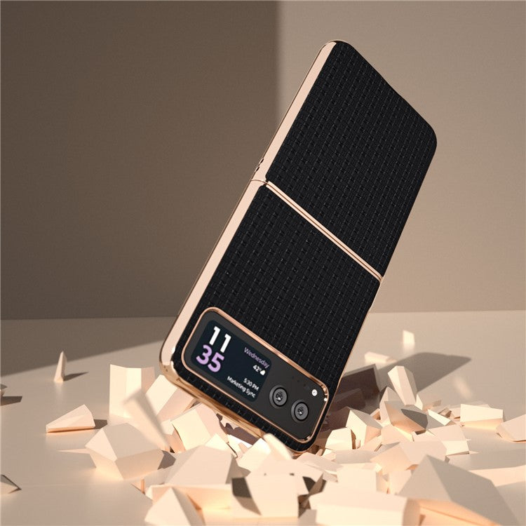 For Motorola Razr 40 5G Genuine Cow Leather + PC Textured Case Electroplating Shockproof Phone Cover - Black