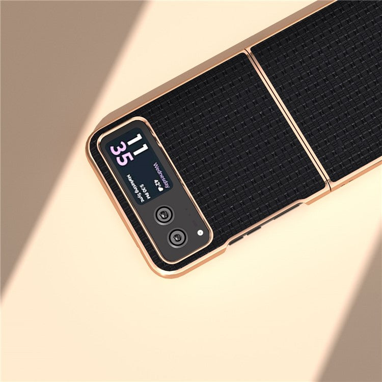 For Motorola Razr 40 5G Genuine Cow Leather + PC Textured Case Electroplating Shockproof Phone Cover - Black