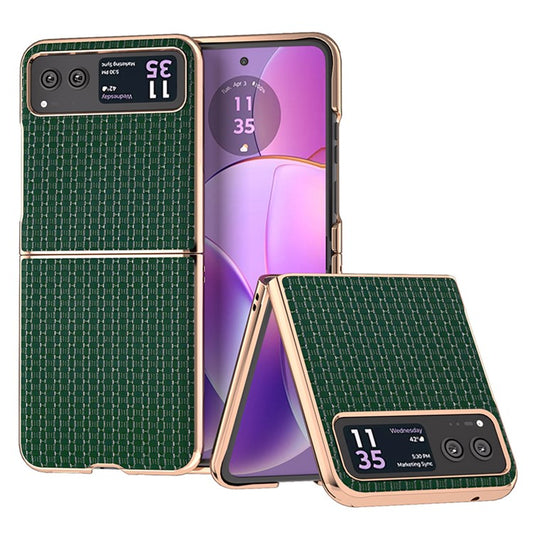 For Motorola Razr 40 5G Genuine Cow Leather + PC Textured Case Electroplating Shockproof Phone Cover - Green