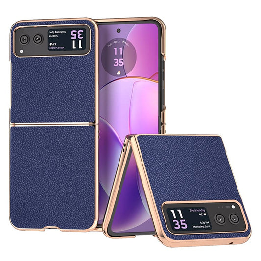 For Motorola Razr 40 5G Litchi Texture Shockproof Case Genuine Cow Leather + PC Electroplating Phone Cover - Sapphire
