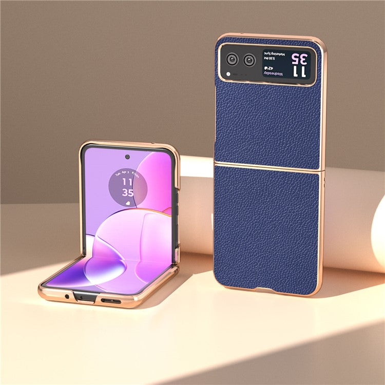 For Motorola Razr 40 5G Litchi Texture Shockproof Case Genuine Cow Leather + PC Electroplating Phone Cover - Sapphire