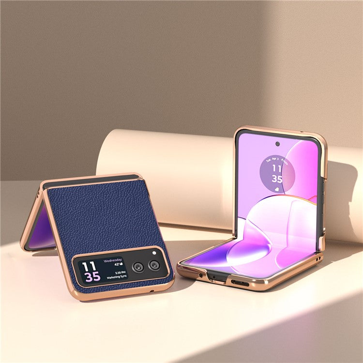 For Motorola Razr 40 5G Litchi Texture Shockproof Case Genuine Cow Leather + PC Electroplating Phone Cover - Sapphire